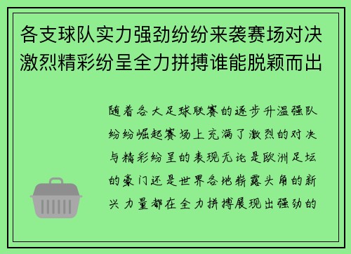 各支球队实力强劲纷纷来袭赛场对决激烈精彩纷呈全力拼搏谁能脱颖而出