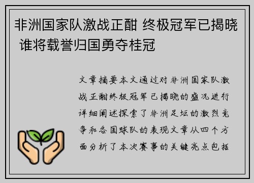 非洲国家队激战正酣 终极冠军已揭晓 谁将载誉归国勇夺桂冠